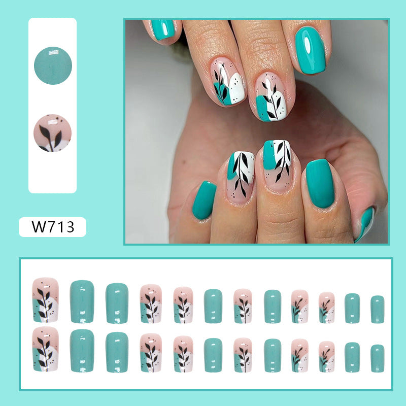 Square shape Press-On Nail Set – Teal Botanical Leaf Nails | Glossy Reusable False Nails (Set of 24)