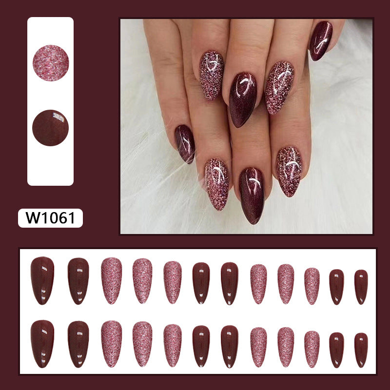 Burgundy Stiletto, Glitter and Cat Eye Design, Almond Shape, Press-On Nails