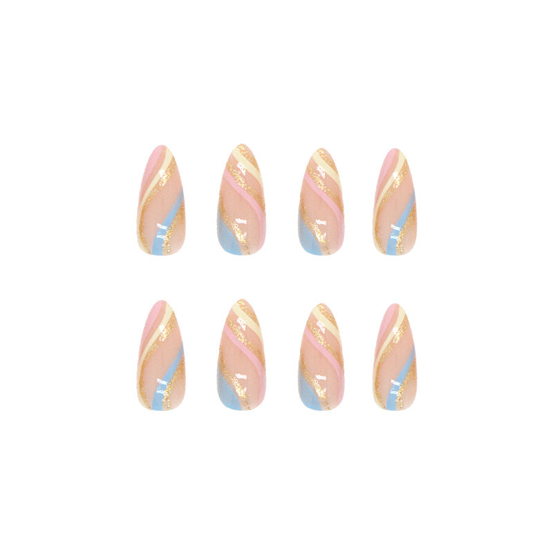 Pink with Blue and Gold Stripe Design, 24 Pieces, Artificial Press-On Nails