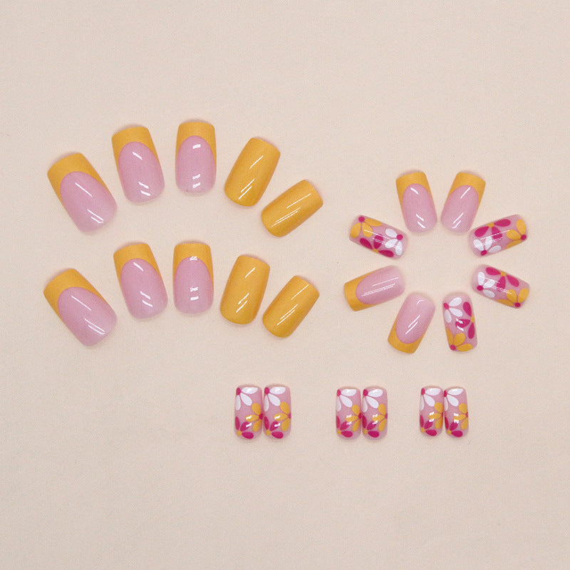 Pink and Yellow Gradient with Floral Design, 24 Pieces, Press on Nails