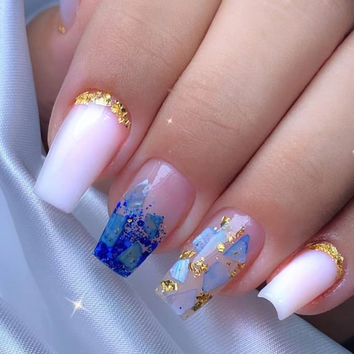 Pearl White with Blue Abstract Design and Gold Foil Accents, Long Coffin Shape, Press on Nails