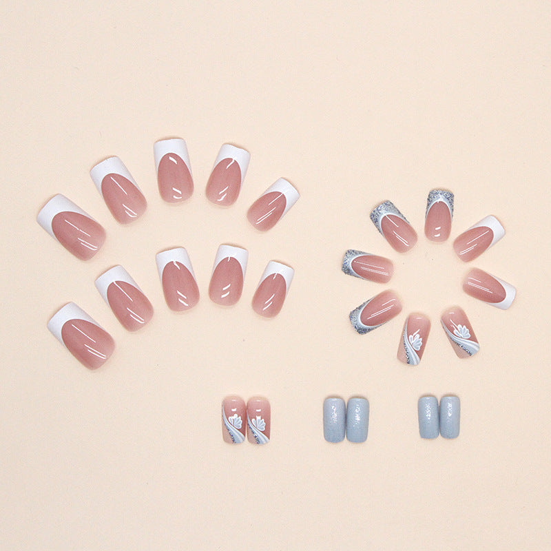 French Tip Nail Art Design Set, Blue and White Floral Pattern with Holographic Glitter Accent, Square Tips, Press on Nails