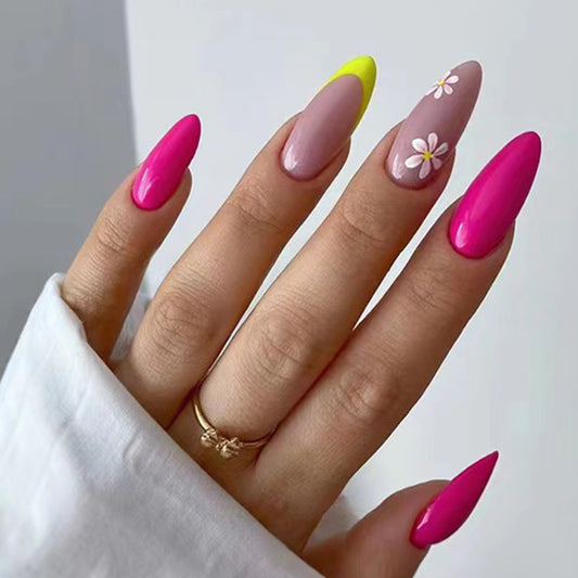 Almond Pink and Hot Pink Floral Nail Art Set, Long Stiletto with Daisy Design, Press-on Nails