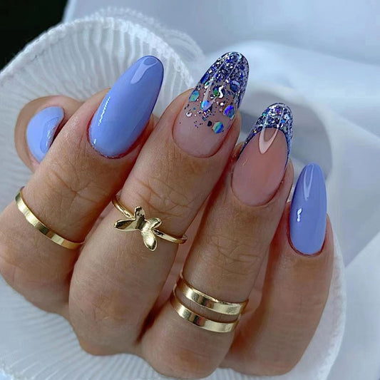 Blue Ombre with Glitter, Stiletto Shape, 24 Pieces, Press on Nails
