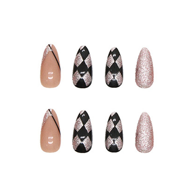 Black and Rose Gold Glitter Geometric Design, Long Stiletto Shape, Elegant Almond Press-On Nails