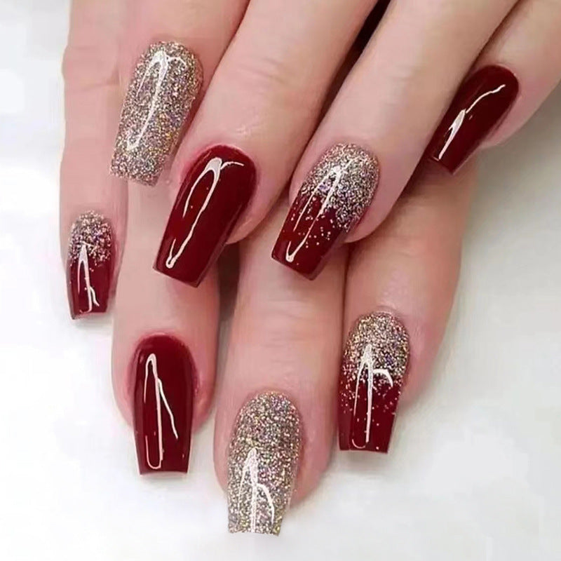 Elegant Burgundy and Gold Glitter Coffin Nails, Long Nails Set, Gradient Ombre Design, Press-on Nails