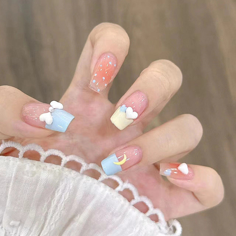 Pastel Color Block with Heart Decorations, Pink Blue Yellow, Press-On Nails
