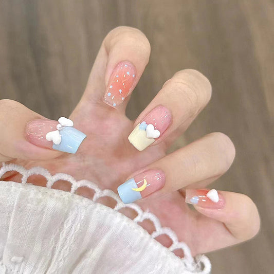 Pastel Color Block with Heart Decorations, Pink Blue Yellow, Press-On Nails