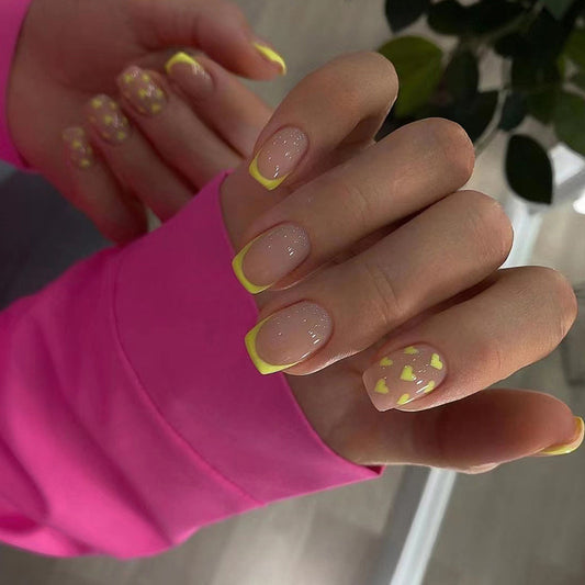 Neon Yellow Hearts Design, Clear Base with Glitter, Square Shape, Press on Nails