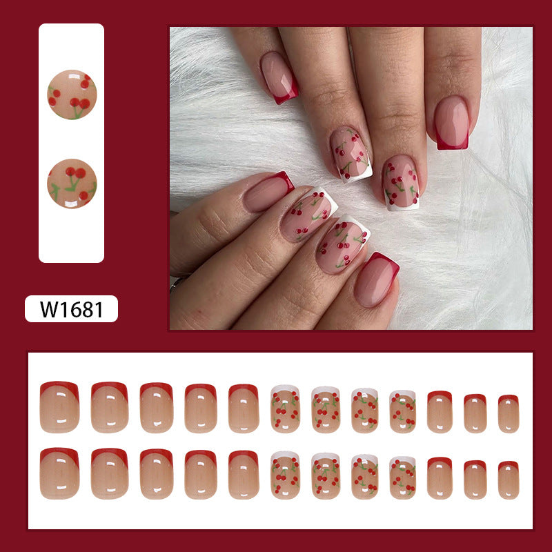 Cherry Design, Red and White Manicure Set, French Tip Press-On Nails