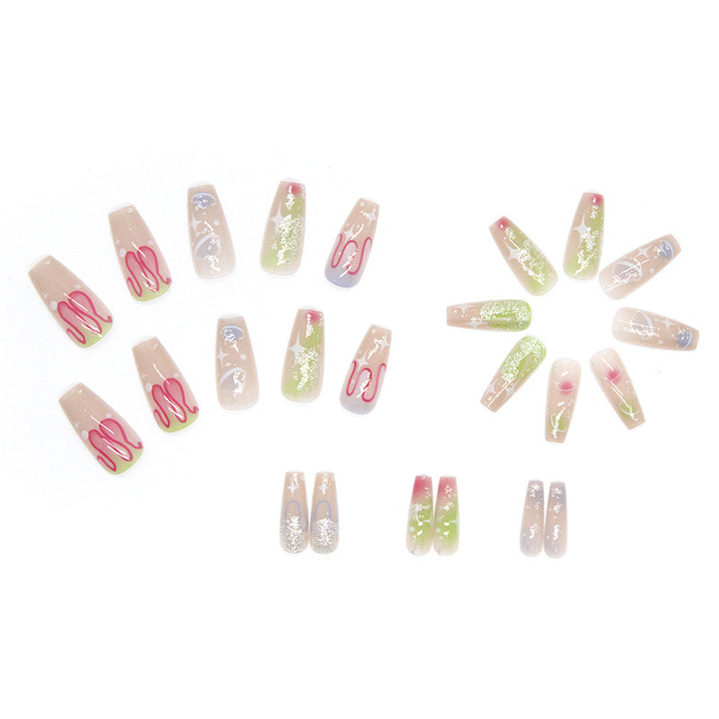 Clear Base with Glitter, Stars and Multicolor Designs, Long Coffin Shape, Decorative False Nails, Press-on Nails