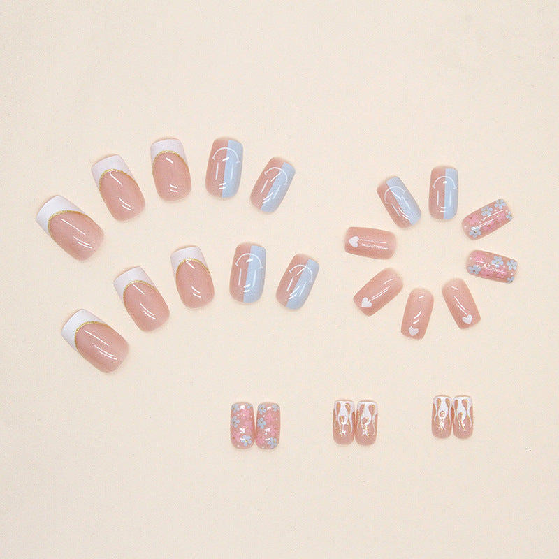 Fake Nails Set, French Manicure Tips with Heart and Floral Designs, Pink and Blue, 24 Pieces, Press on Nails