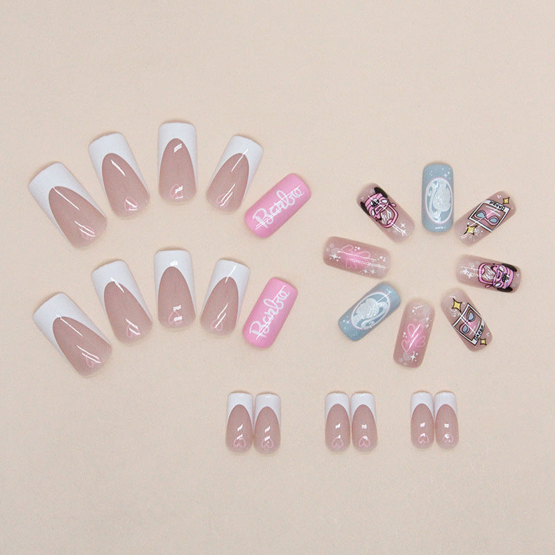 Barbie-Themed, Long Coffin Style, Pink and Blue Design with Hearts and Glitter, 24 Pieces, Press-On Nails