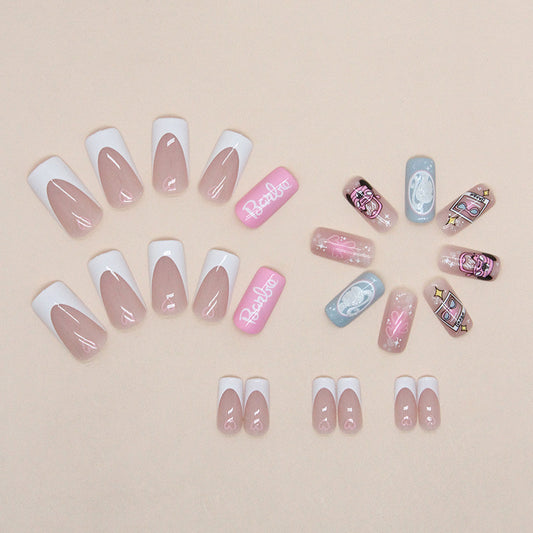 Barbie-Themed, Long Coffin Style, Pink and Blue Design with Hearts and Glitter, 24 Pieces, Press-On Nails