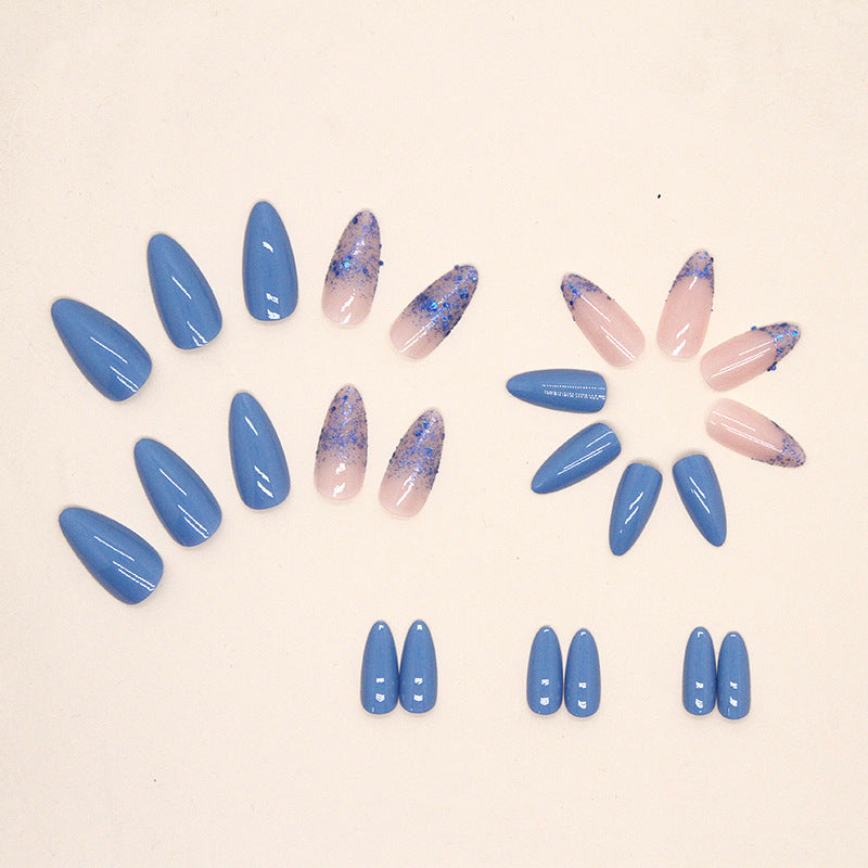 Blue Ombre with Glitter, Stiletto Shape, 24 Pieces, Press on Nails
