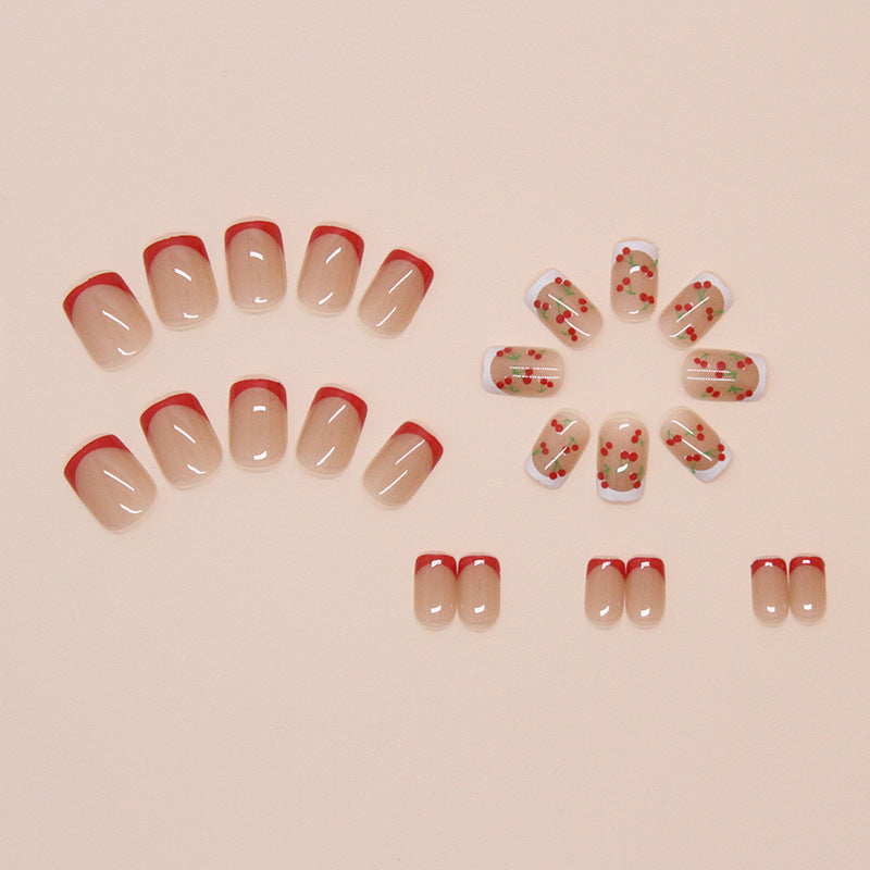 Cherry Design, Red and White Manicure Set, French Tip Press-On Nails