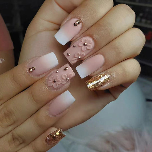 3D Flower Nail Art Set, French Ombre Pink and White Tips, Rose Gold Glitter Accents, Long Square Design, Press on Nails