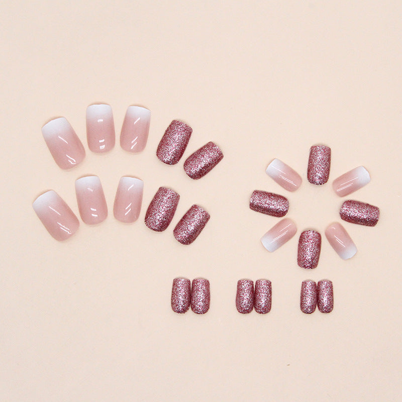 Elegant Pink and White Ombre Manicure Set with Burgundy Glitter Accent Nails, Press on Nails