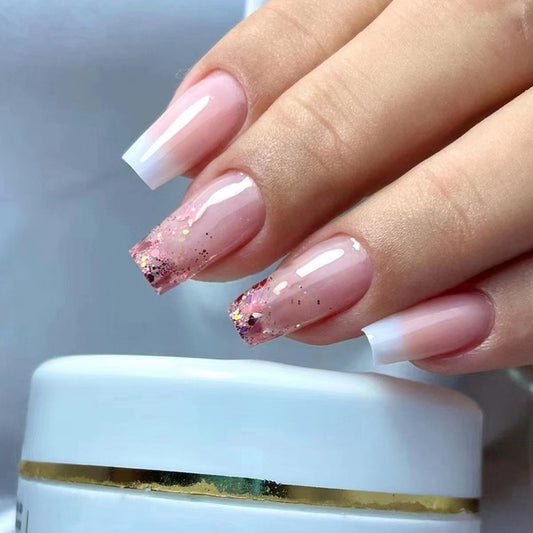 Nail Extension Kit with Pink French Tips, Glitter Finish, Professional Manicure Set, Press on Nails