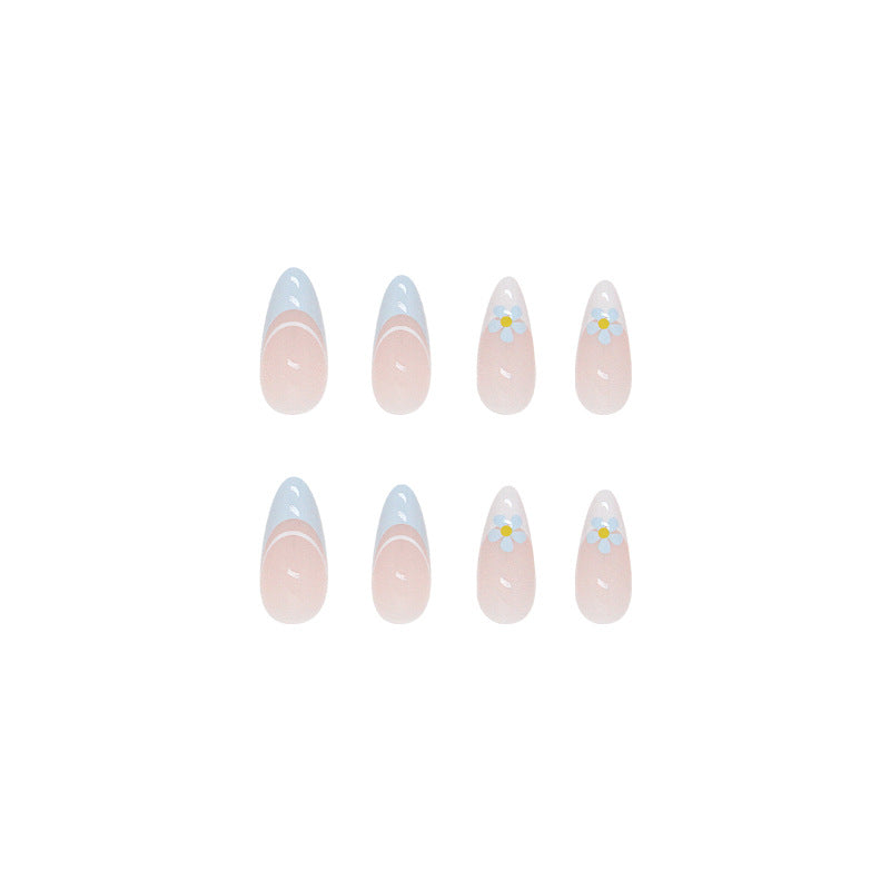 French Tip with Daisy Design, White and Blue Gradient Tips, Stiletto Shape, Press-On Nails