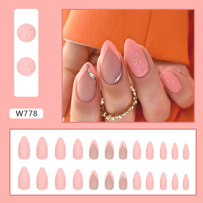 Pink Matte Nails with Silver Glitter Accents, 24 Pieces, Press-On Nails