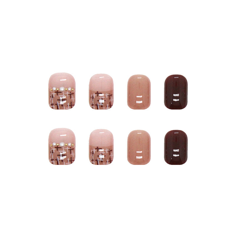 Nude Pink and Brown, Pearl Studded Design, Square Shape, Press-On Nails