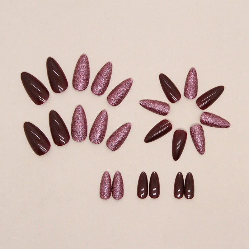 Burgundy Stiletto, Glitter and Cat Eye Design, Almond Shape, Press-On Nails