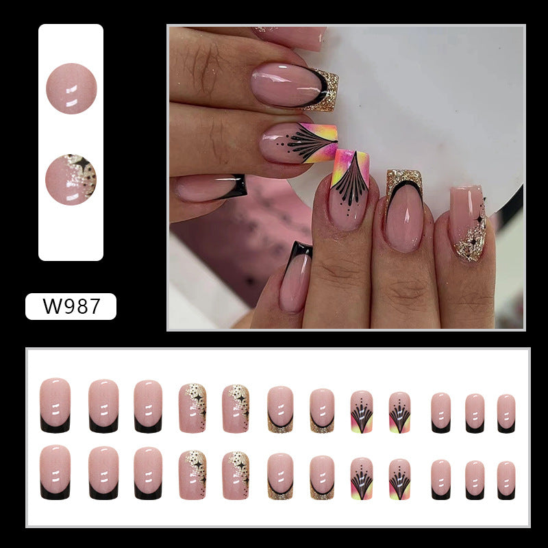 Pink French Tips with Gold Glitter and Rainbow Art Design, Long Square Shape, Press on Nails