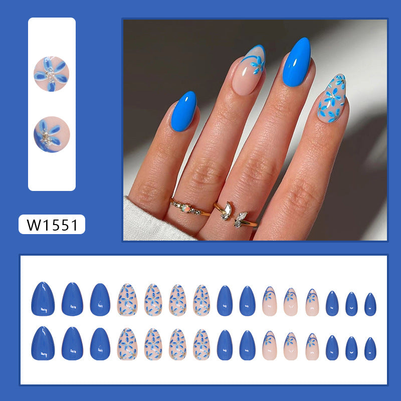 Blue and Pink Floral Design, Stiletto Shape, 24 Pieces, Press on Nails