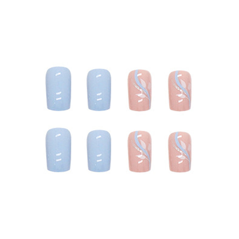 Elegant Nail Art Design Set, Light Blue and Pink with Silver Glitter Accents, White Floral Pattern, Press on Nails