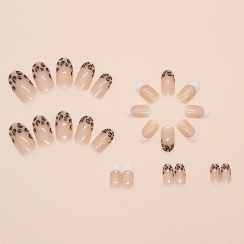 French Manicure with Leopard Print Design, White Tips, 24 Pieces, Press On Nails
