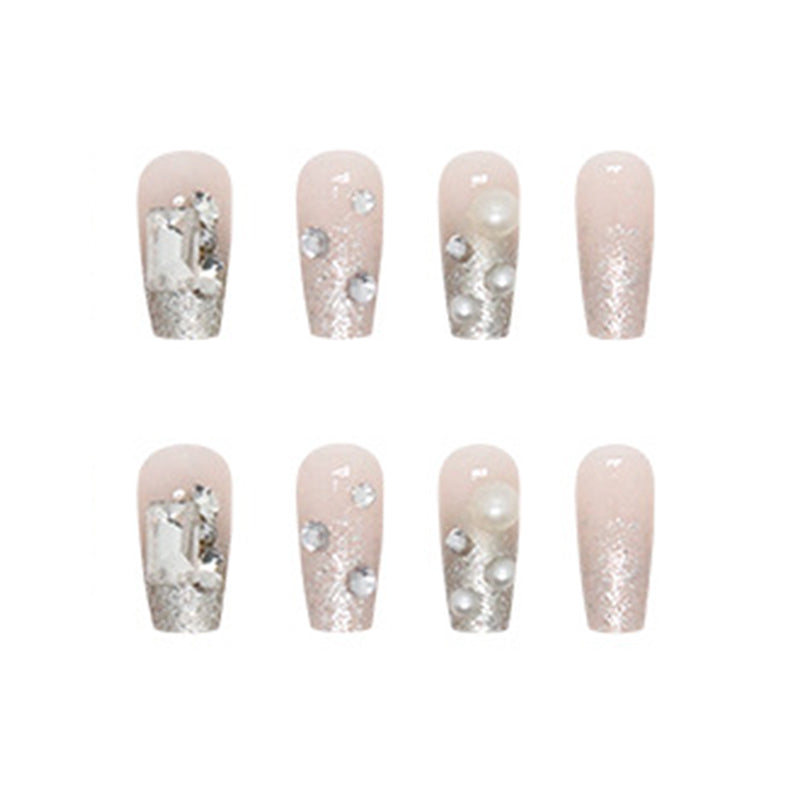 Pearl and Silver Glitter, Almond Shape, Elegant Wedding Style, 12 Pieces, Press-On Nails