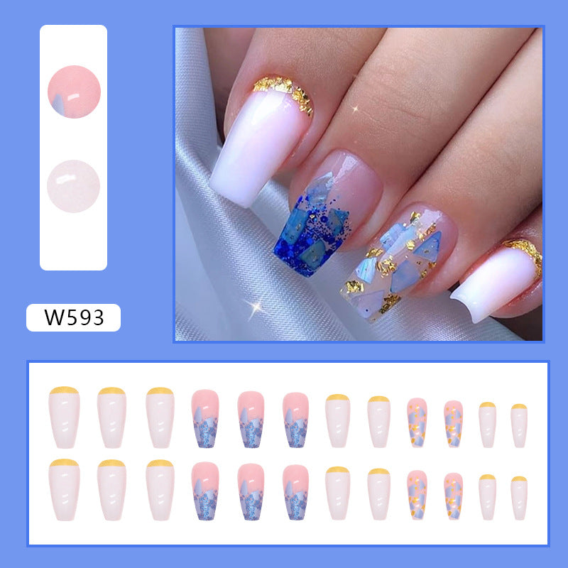 Pearl White with Blue Abstract Design and Gold Foil Accents, Long Coffin Shape, Press on Nails