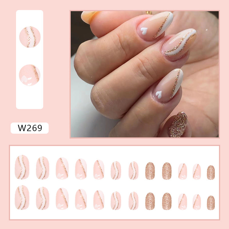 Almond Shape, Rose Gold Glitter with White Hearts Design, French Manicure Style, Press-On Nails Set