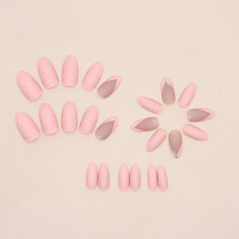 Pink Matte Nails with Silver Glitter Accents, 24 Pieces, Press-On Nails