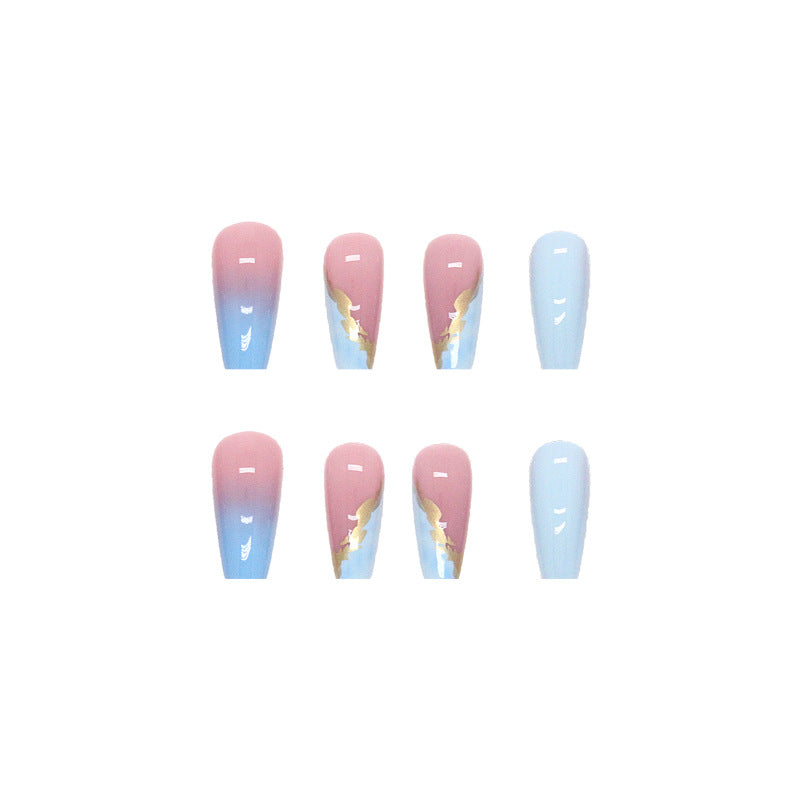 Blue and Pink Ombre with Gold Foil Marble Design, Long Ballerina Style, Coffin Press-on Nails