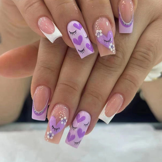 Valentine Hearts and Eyelashes Nail Art Design, French Tip Manicure Set, Purple and White, Press on Nails