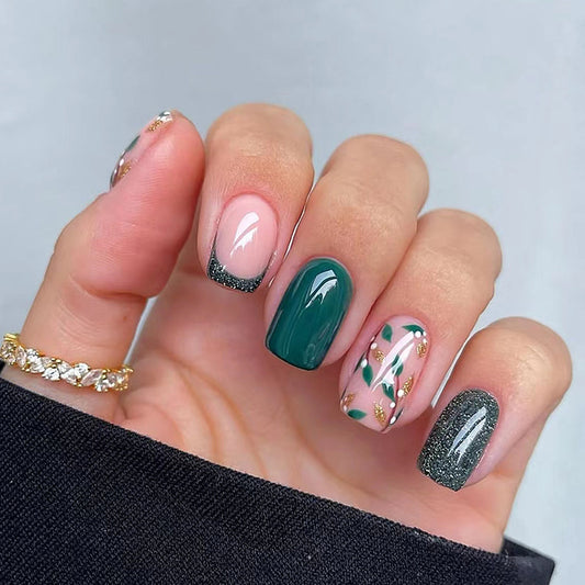 Forest Green and Pink French Tips, Glitter Accent Design with Gold Foil, Press on Nails