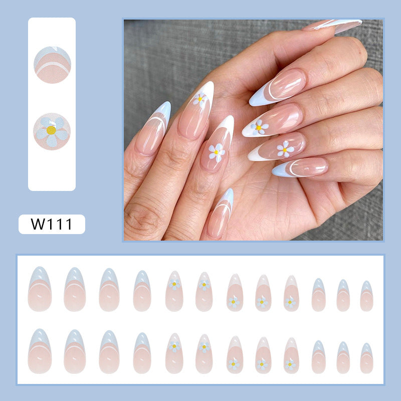French Tip with Daisy Design, White and Blue Gradient Tips, Stiletto Shape, Press-On Nails