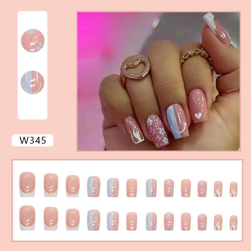 Fake Nails Set, French Manicure Tips with Heart and Floral Designs, Pink and Blue, 24 Pieces, Press on Nails