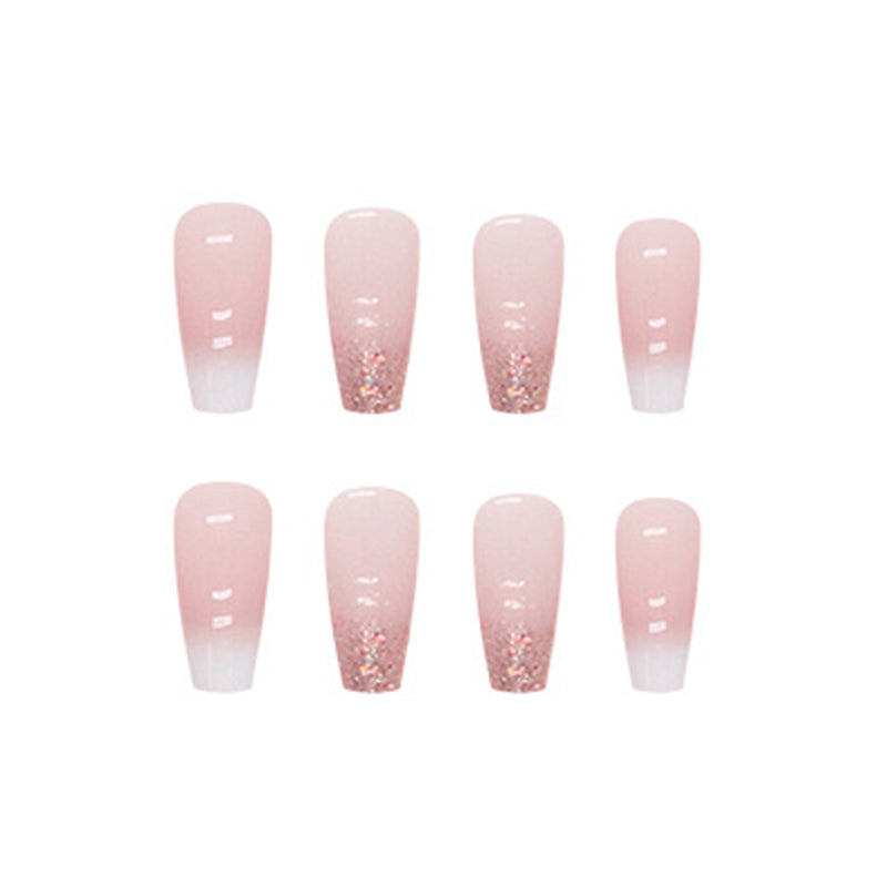 Long Square Press-On Nail Set – Nude Pink Ombre with Rose Gold Glitter Tips | Glossy Reusable False Nails (Set of 24 Pieces)