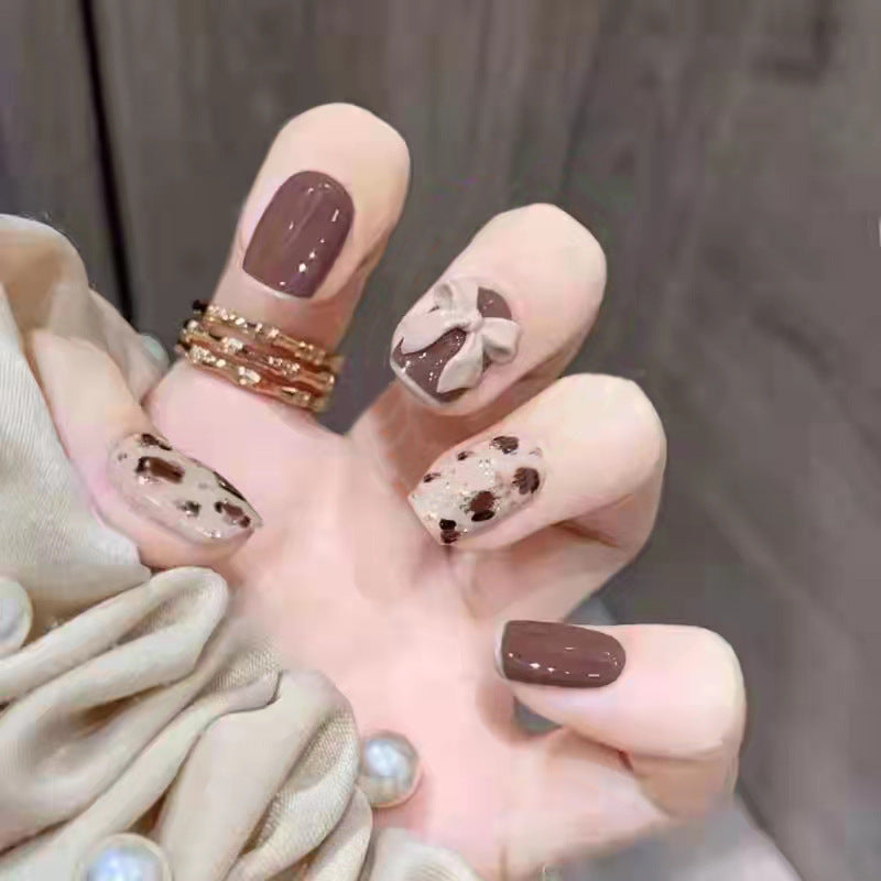 Brown Bow Design, Leopard Print Pattern, Press on Nails