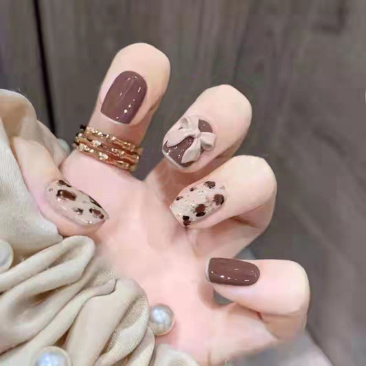 Brown Bow Design, Leopard Print Pattern, Press on Nails