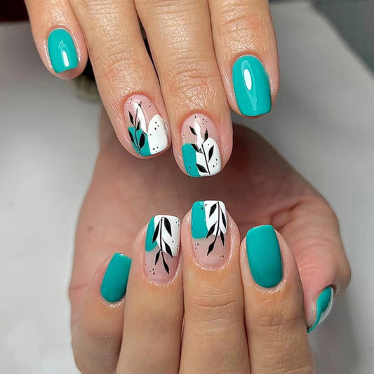 Turquoise Floral Nail Art Design, Spring Pattern Manicure with Black and White Accents, Press on Nails
