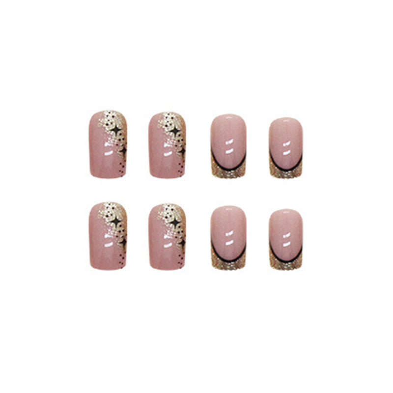 Pink French Tips with Gold Glitter and Rainbow Art Design, Long Square Shape, Press on Nails