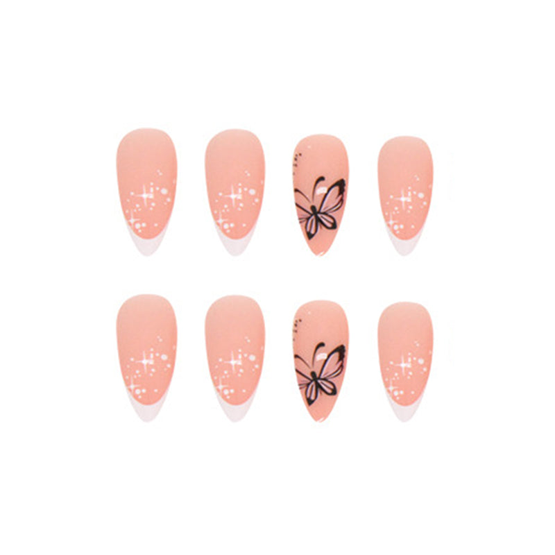 Pink Butterfly French Tip Nails, Glitter Accent Almond Nails, Romantic Manicure Design, Press on Nails
