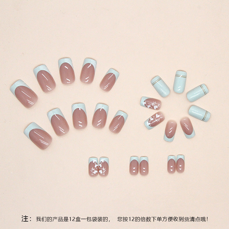 French Tip Nail Art Set, Mint Blue and Pink Design, Floral Pattern with Gold Line Accent, Press on Nails