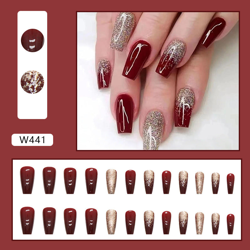 Elegant Burgundy and Gold Glitter Coffin Nails, Long Nails Set, Gradient Ombre Design, Press-on Nails