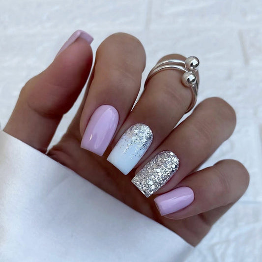 Pink and Silver Glitter Design, Square Shape, 24 Pieces, Press on Nails