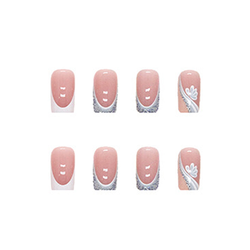 French Tip Nail Art Design Set, Blue and White Floral Pattern with Holographic Glitter Accent, Square Tips, Press on Nails